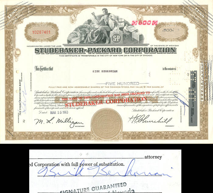 Studebaker-Packard Corporation signed by Kirk Kerkorian - Autograph Stock Certificate - Famous Car Maker